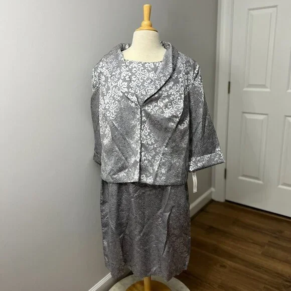 NEW Danillo 2-Piece Dress Suit Jacket Silver Brocade Size 20W - Picture 2 of 16